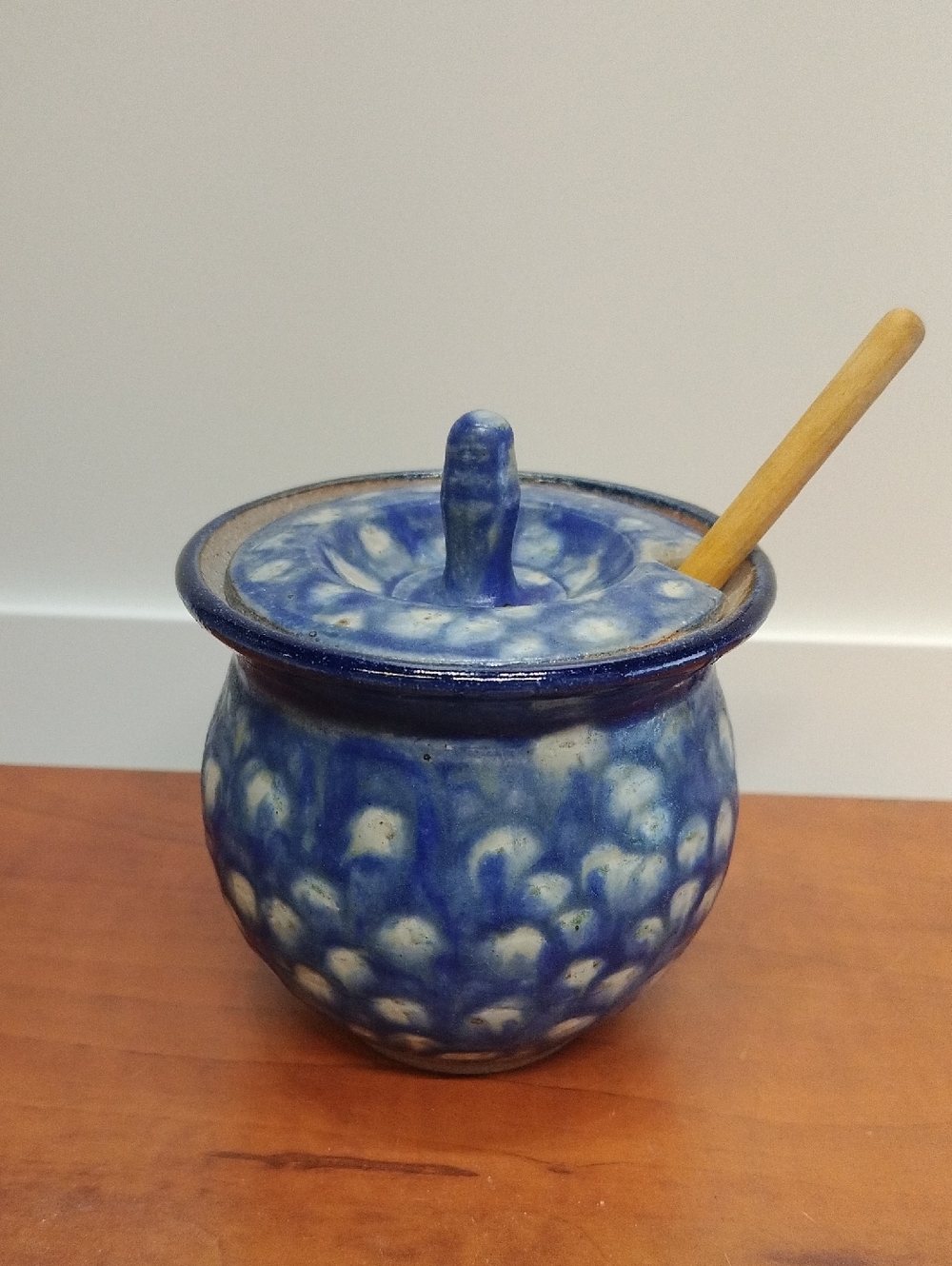 Signed Studio Pottery Blue Honey Pot with Lid and Dipper. Repaired Rim.